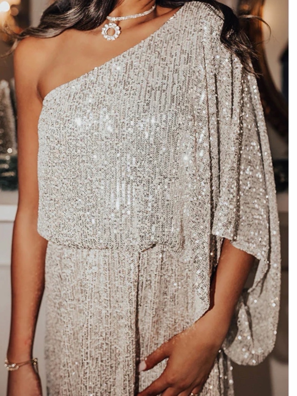 Chic Soul One-Shoulder Silver Sequin Party Dress